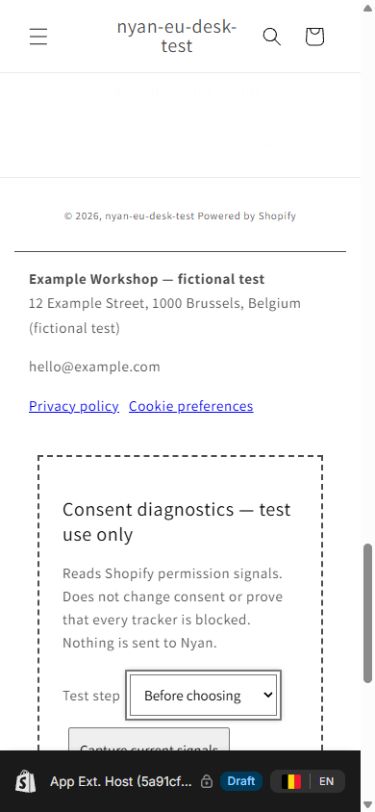 Fictional business name, address and policy links in an unpublished mobile theme preview